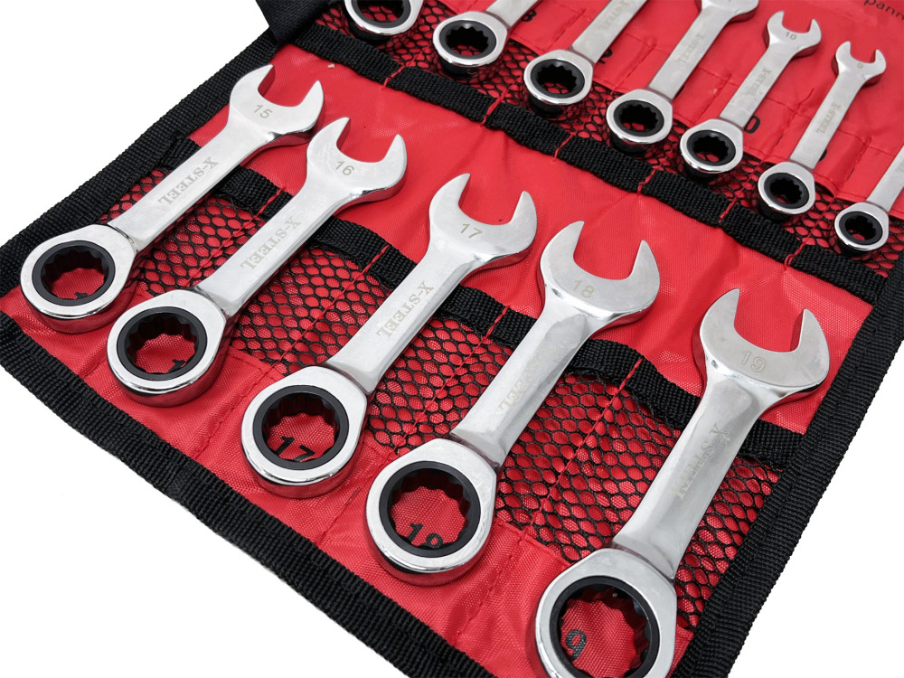 Cr-V Mirror Finish Stubby Ratchet Combination Ring & Open Spanner 8-19mm 12pc Set