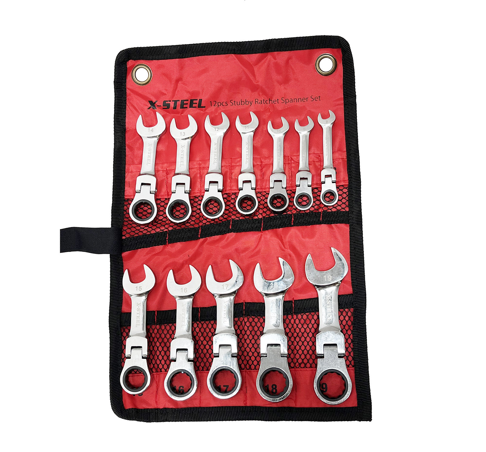 Cr-V Flexible Stubby Ratchet Combination Ring & Open Spanner 8-19mm 12pc Set