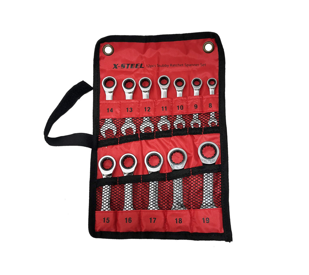 Cr-V Mirror Finish Stubby Ratchet Combination Ring & Open Spanner 8-19mm 12pc Set