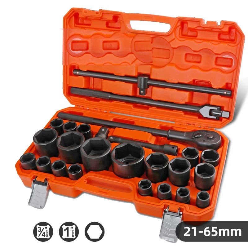 26pc Heavy Duty Truck Impact Socket & Accessories Set: 3/4" & 1" Dr. 21-65mm Socket
