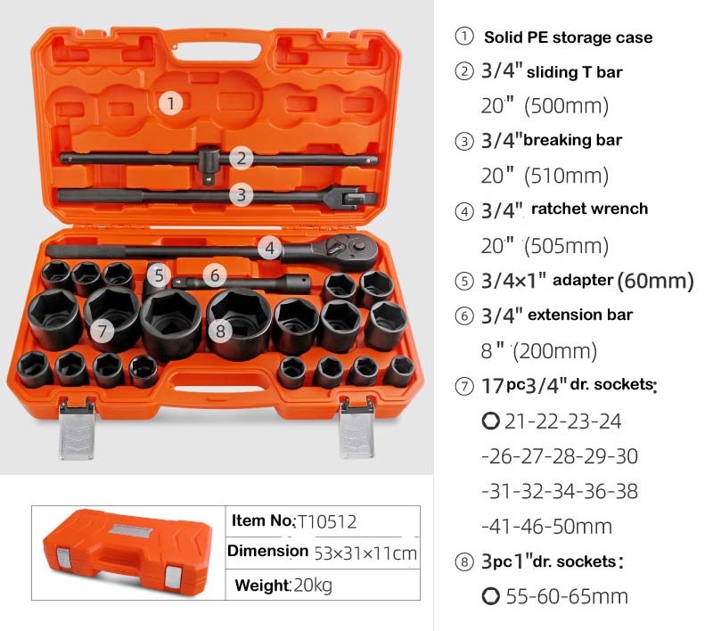 26pc Heavy Duty Truck Impact Socket & Accessories Set: 3/4" & 1" Dr. 21-65mm Socket