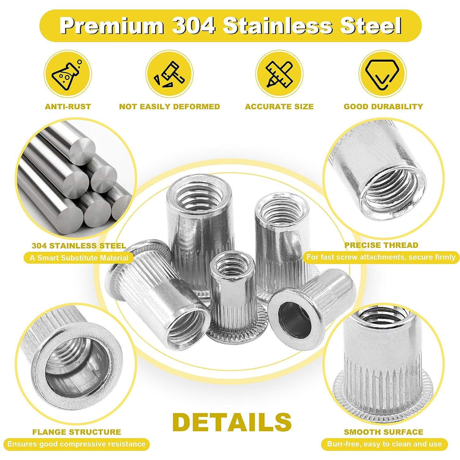 180pc 304 Stainless Steel M3-M10 Rivnut Rivet Nut Assortment Kit Flat Head Threaded