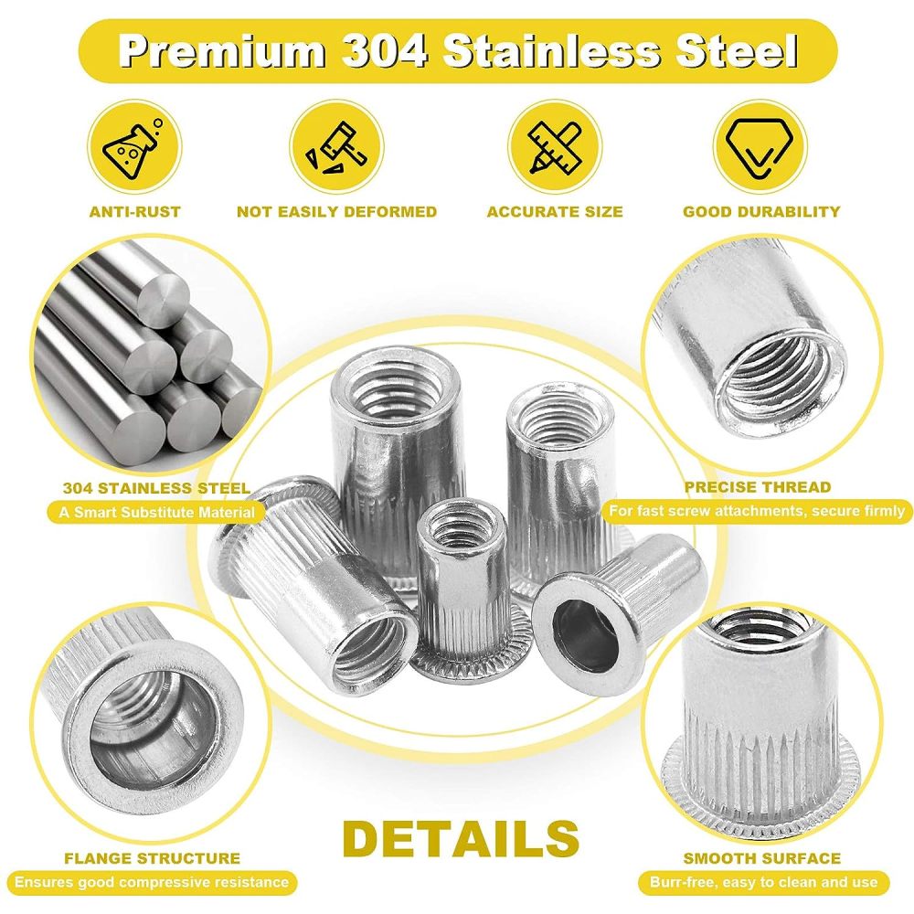 180pc 304 Stainless Steel M3-M10 Rivnut Rivet Nut Assortment Kit Flat Head Threaded