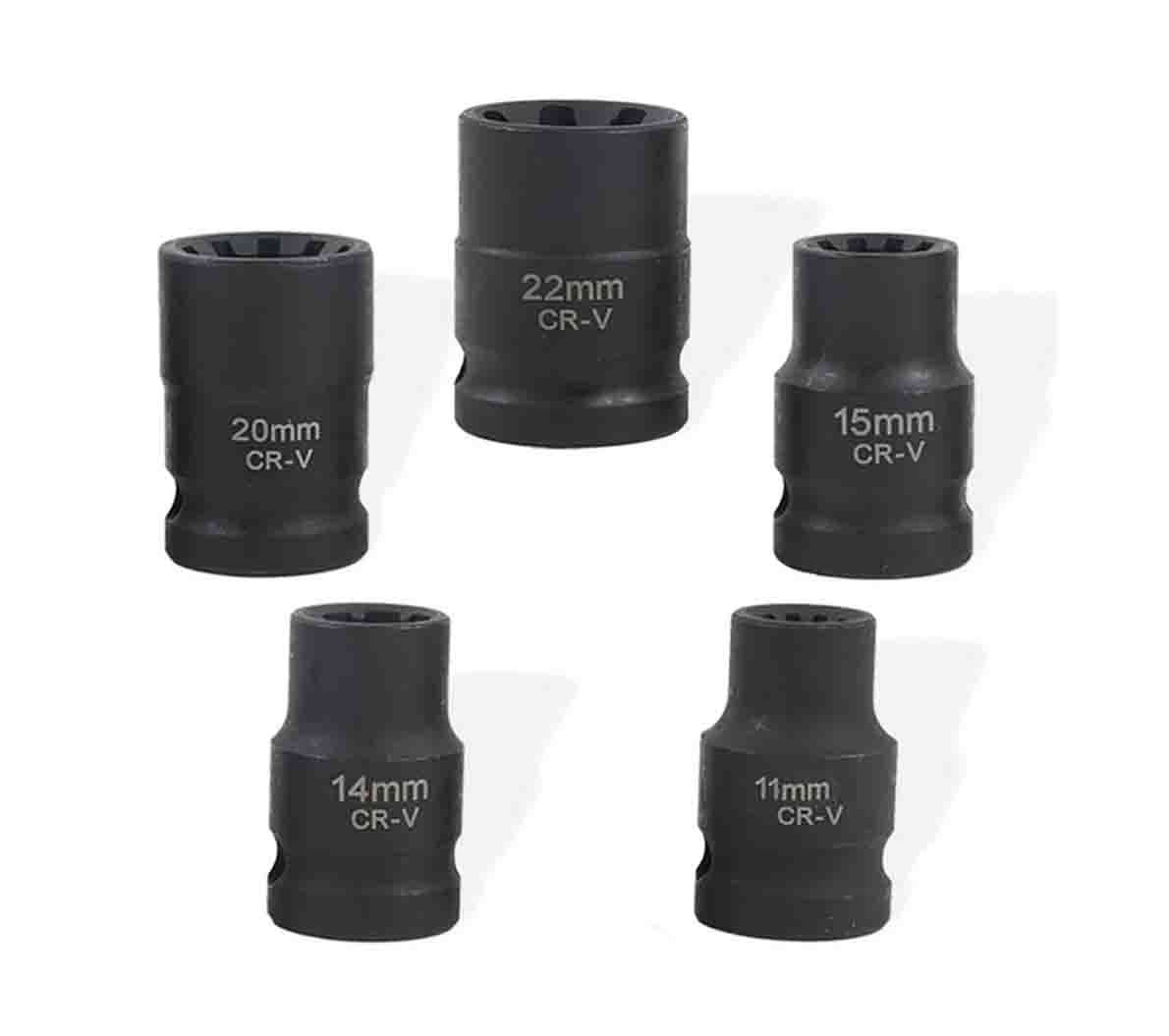 5pc 1/2" Dr. Disc Brake Caliper Remover Ribe Socket: 7ptx 14/22mm, 10ptx11mm&15mm&20mm
