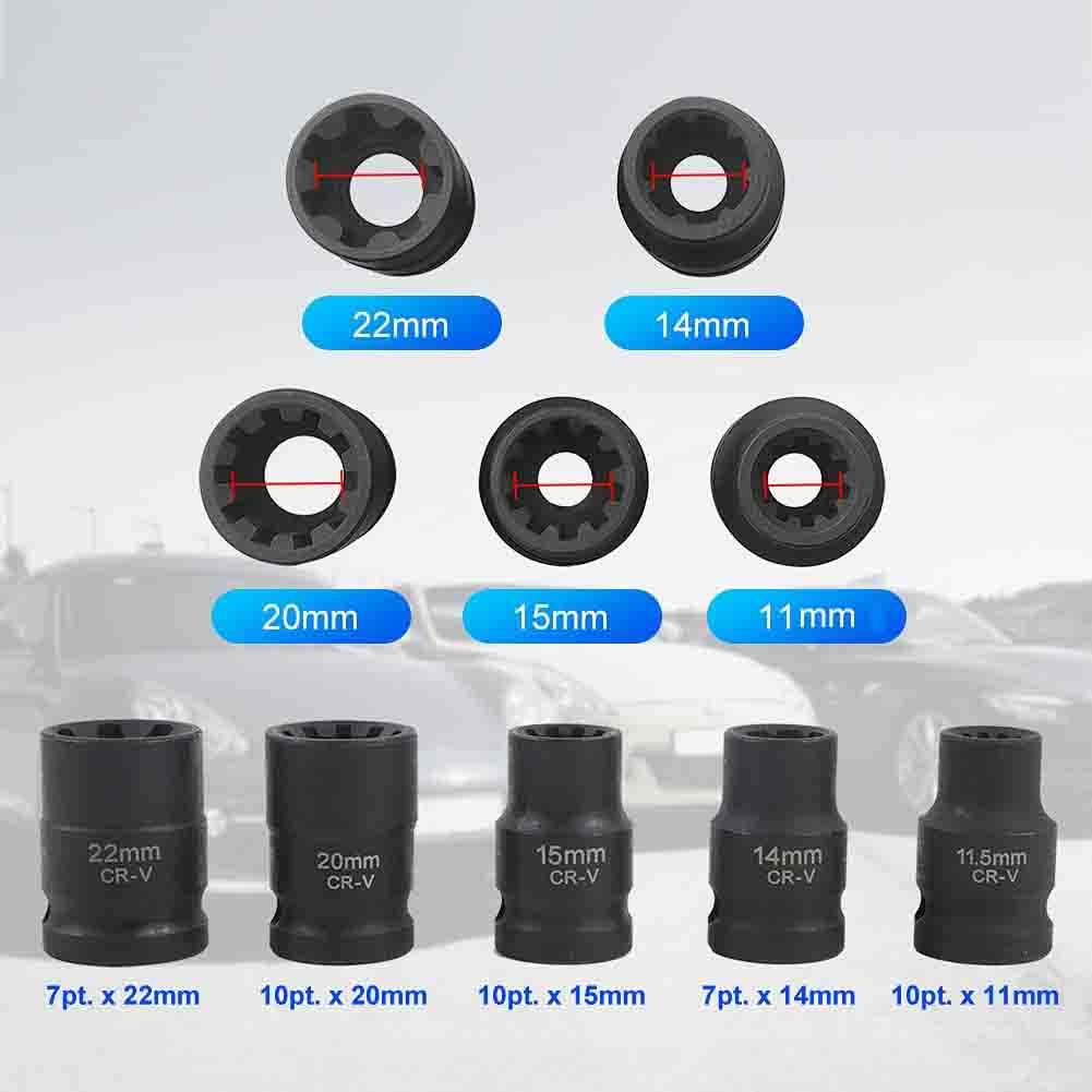 5pc 1/2" Dr. Disc Brake Caliper Remover Ribe Socket: 7ptx 14/22mm, 10ptx11mm&15mm&20mm