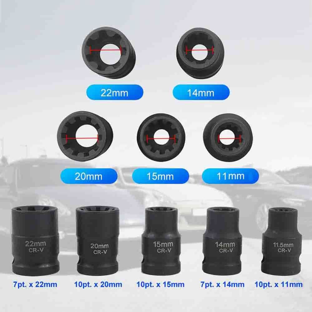 5pc 1/2" Dr. Disc Brake Caliper Remover Ribe Socket: 7ptx 14/22mm, 10ptx11mm&15mm&20mm