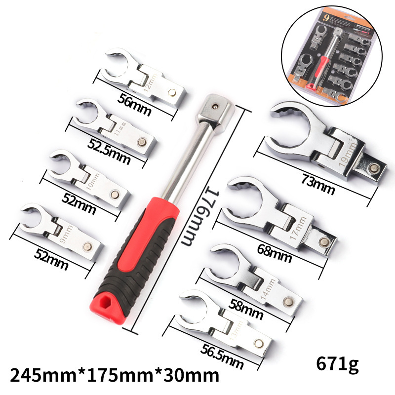 9-19mm Interchangeable Flex Insert Head Crowfoot Wrench Flare Nut Brake Pipe Spanner with Drive Handle