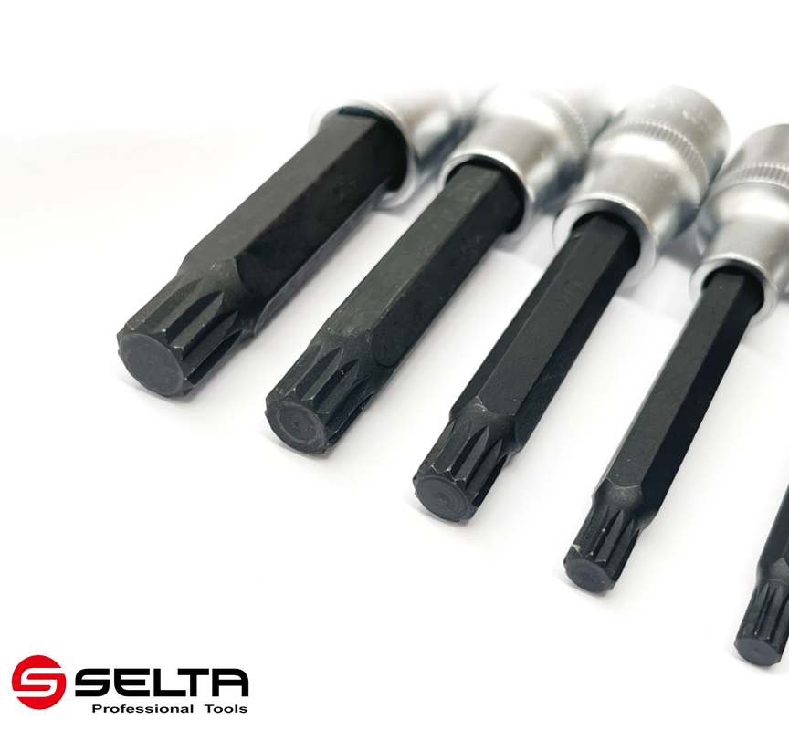 Selta Taiwan 6pc 1/2" Dr Cr-Mo 100mmL 12pt Spline Socket Bit Set M5-6-8-10-12-14