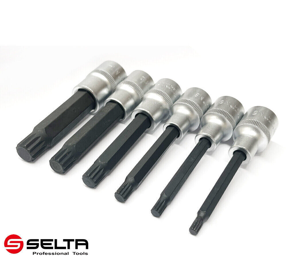 Selta Taiwan 6pc 1/2" Dr Cr-Mo 100mmL 12pt Spline Socket Bit Set M5-6-8-10-12-14