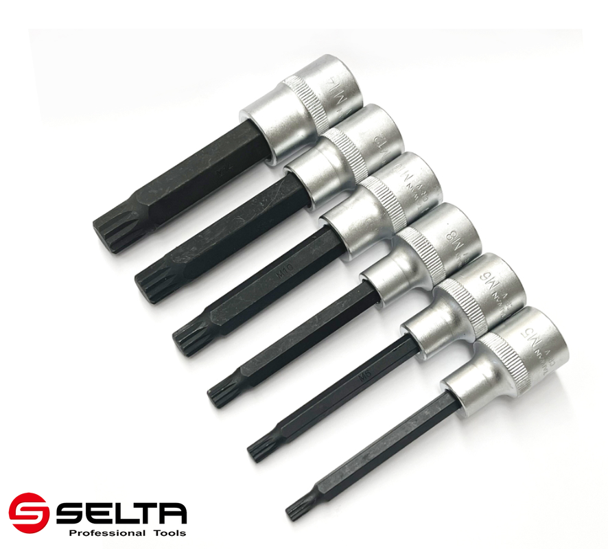 Selta Taiwan 6pc 1/2" Dr Cr-Mo 100mmL 12pt Spline Socket Bit Set M5-6-8-10-12-14