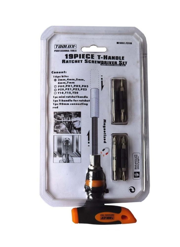 19pc Set T Ratchet Handle Screwdriver & Low Profile Magnetic Bit's Holder Driver