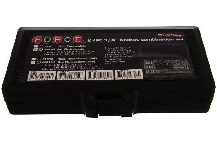 Force 2281-5 27pc 1/4" Dr. 6pt Flank Metric Socket & Accessories Set: Ratchet Handle, Socket, Extension, Hex Bits, etc.