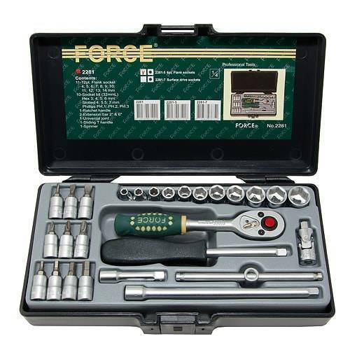 Force 2281-5 27pc 1/4" Dr. 6pt Flank Metric Socket & Accessories Set: Ratchet Handle, Socket, Extension, Hex Bits, etc.