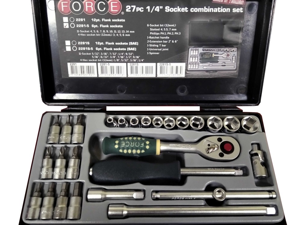 Force 2281-5 27pc 1/4" Dr. 6pt Flank Metric Socket & Accessories Set: Ratchet Handle, Socket, Extension, Hex Bits, etc.
