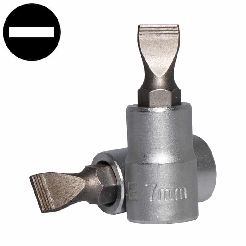 Force 1/4" Dr. 32mmL Slotted Flat Screwdrive Socket Bits 7pc Set: 4,5.5,6,7mm; 1/4,5/32,7/32"