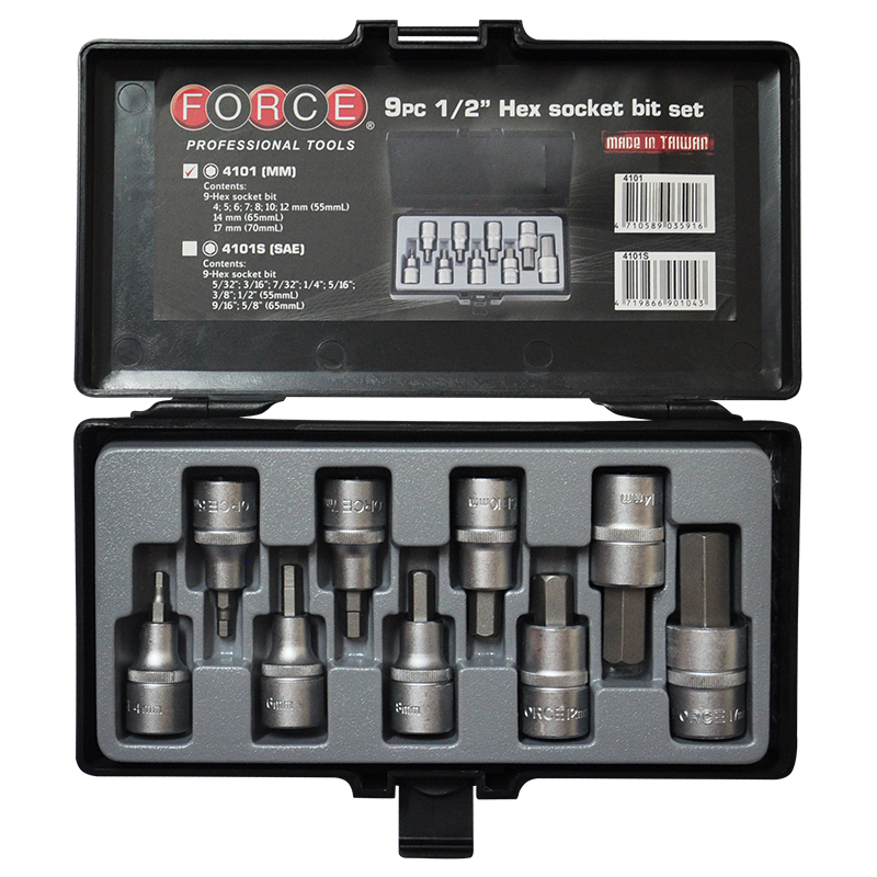 Force 1/2" Dr. 4101 / 4101S Hex Socket Bits 9pc 4-17mm Metric / 5/32-5/8" Imperial Set