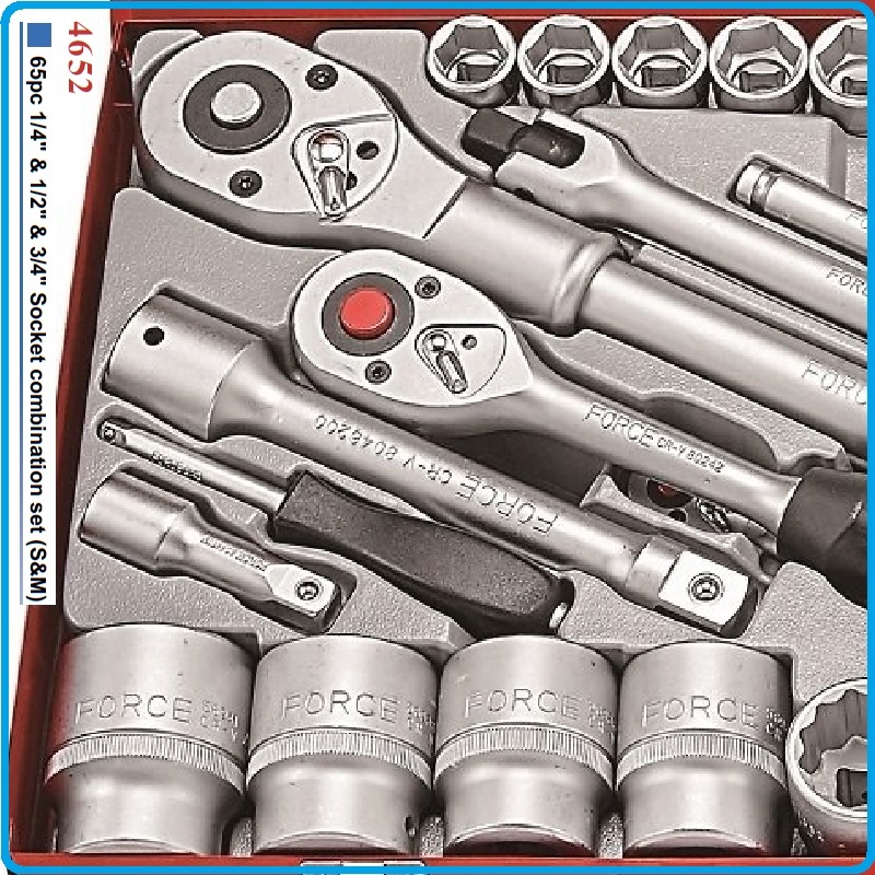 Force 4652 1/4"-1/2"-3/4" Dr. 65pc 6pt/12pt Socket Set with Accessories