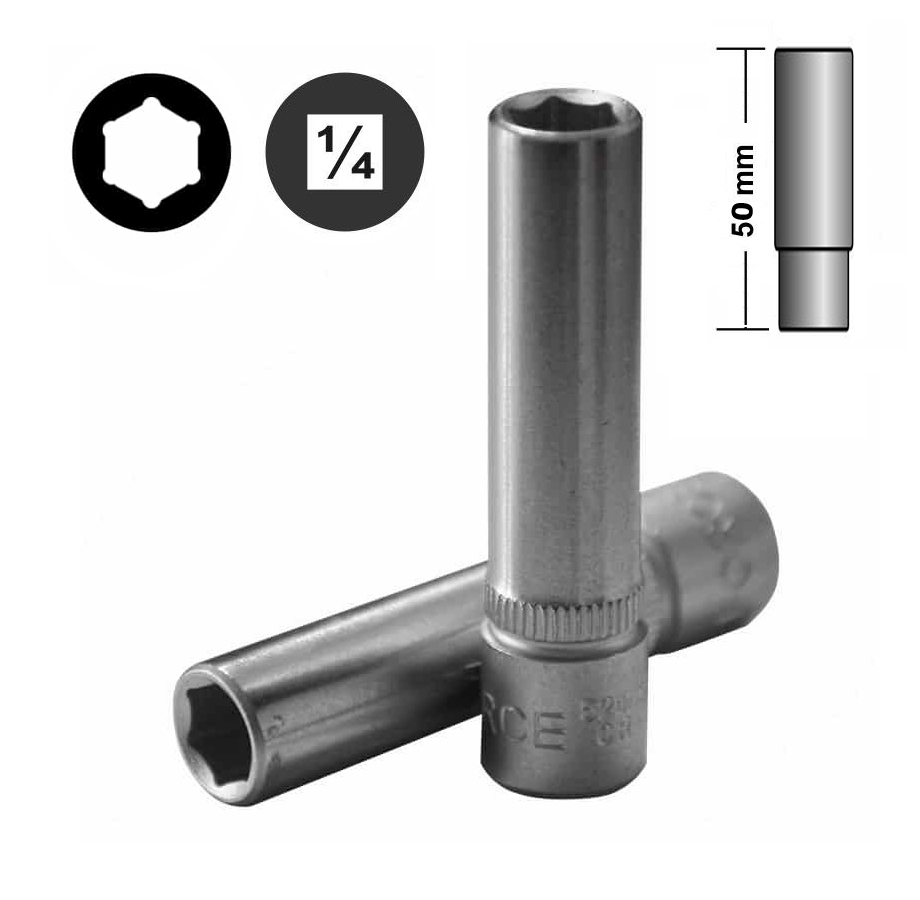 Force 1/4" Dr. 6pt/12pt 50mmL Flank Deep Socket Metric & Imperial Size Options