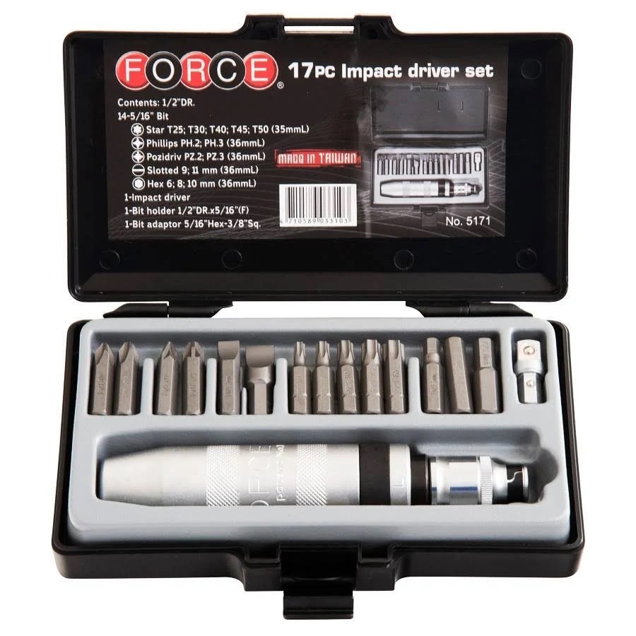 Force 5171 17pc Impact Screw Driver Set with Torx, Hex, Phillip Pozi Bits