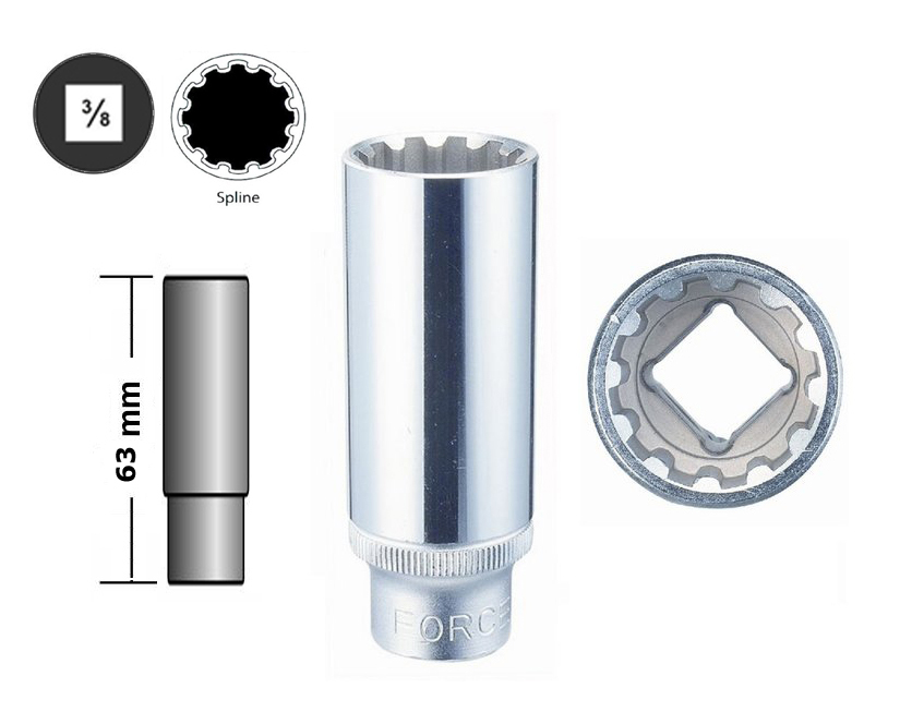 Force 3/8" Dr. 12PT 63mm Deep Spline Female Socket Multi-Tooth Gear Lock Profile