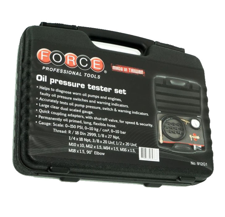 Force 912G1 Oil Pressure Test Kit: Gauge, Coupling Adapters, Shut-off Valve