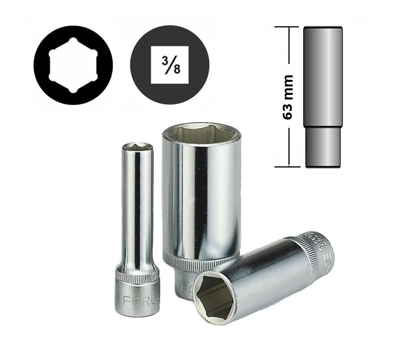 Force T3121 3/8" Dr. 6pt Flank 63mmL Deep Socket 8-22mm 12pc Set
