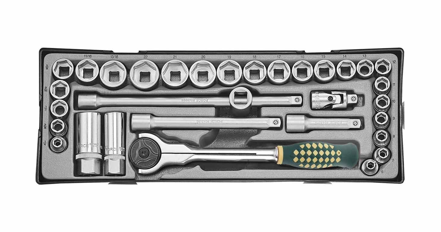 Force T3322-23 3/8" Dr. 6PT Flank Metric SAE Imperial Socket & Accessories 32pc Set