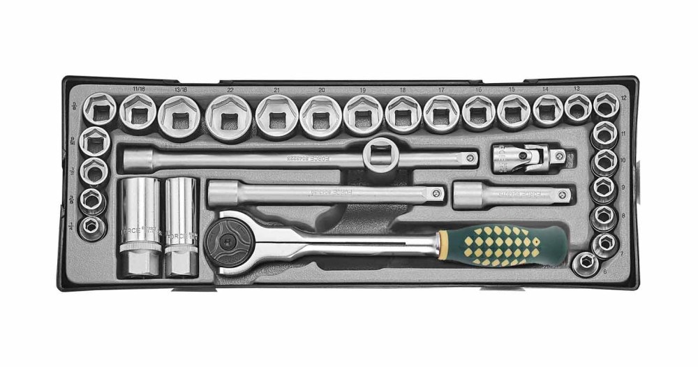 Force T3322-23 3/8" Dr. 6PT Flank Metric SAE Imperial Socket & Accessories 32pc Set