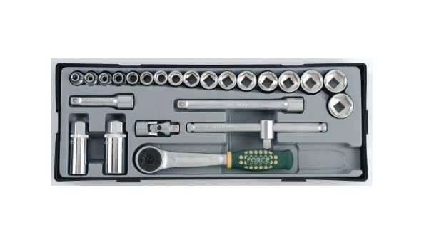 Force T3251-72-5 3/8" Dr. 6-22mm 6pt Surface Drive Socket & Accessories 24pc Set 72T Ratchet Handle