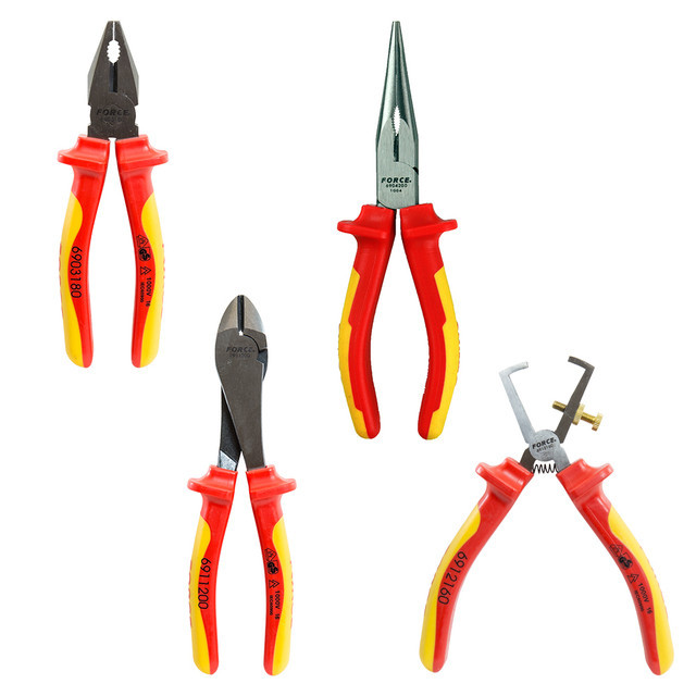 Force T50410 4pc Assorted 1000V Insulated Pliers Set: Combination, Long Nose, Wire Stripper, Diagonal Pliers