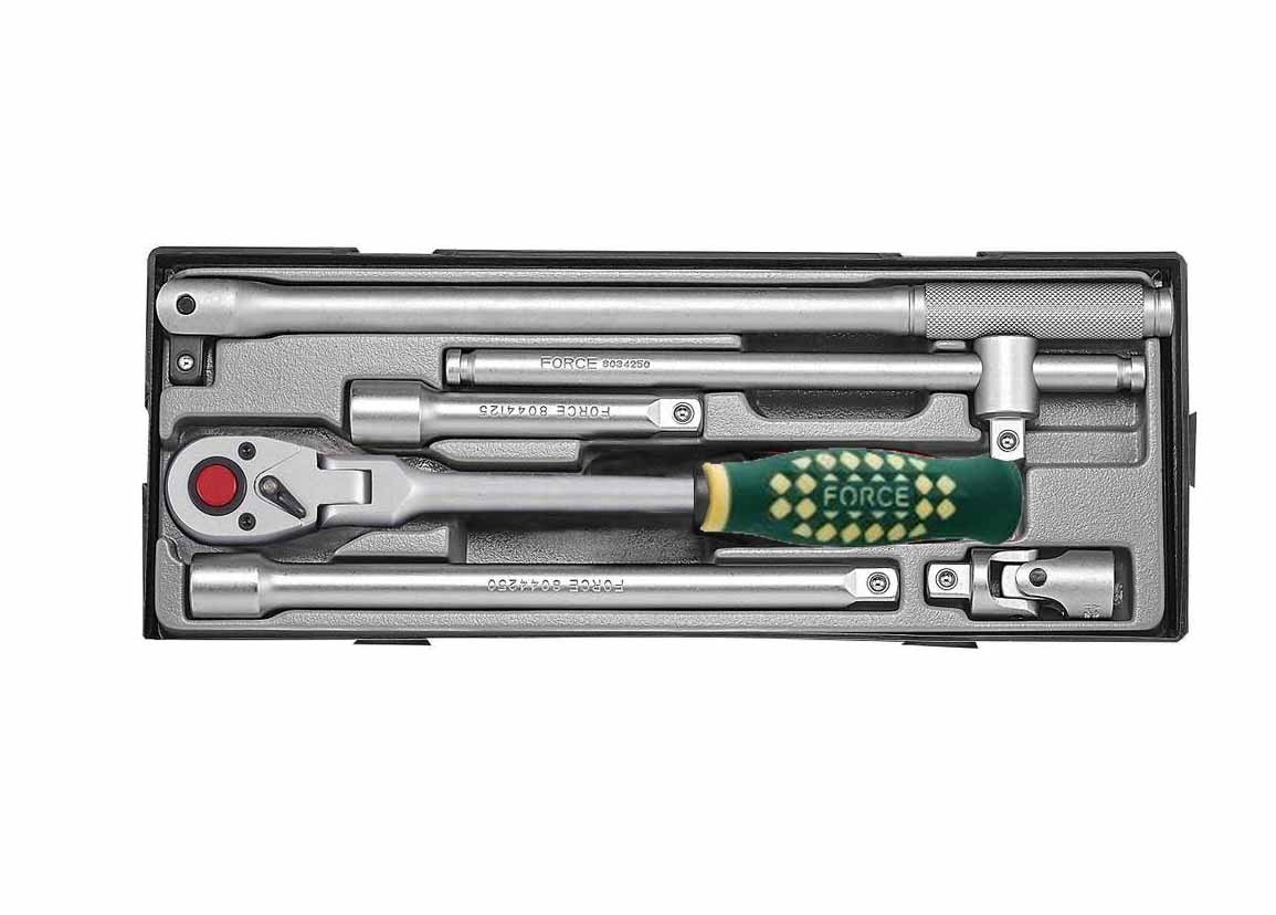 Force T40613 6pc 1/2" Dr. Socket Accessories Set: Ratchet Sliding T Handle, Extension, Breaking Bar Universal Joint