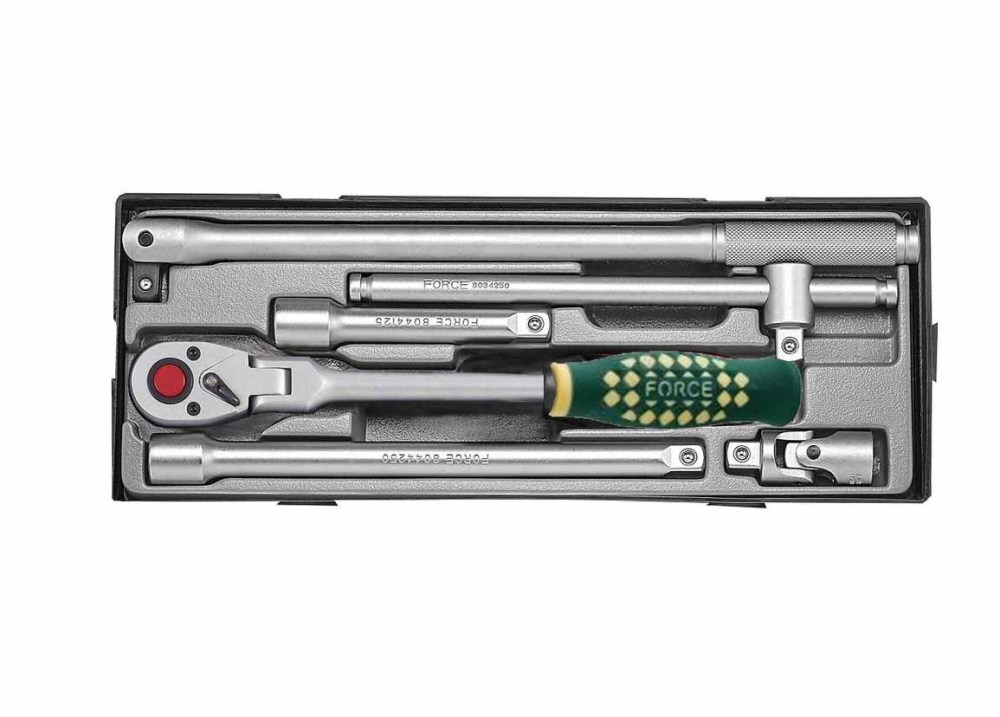 Force T40613 6pc 1/2" Dr. Socket Accessories Set: Ratchet Sliding T Handle, Extension, Breaking Bar Universal Joint