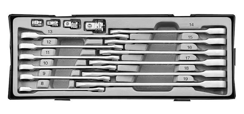 Force 8-19mm Metric Ratchet Spanner Gear Wrench & Adapter Holder 16pc Set