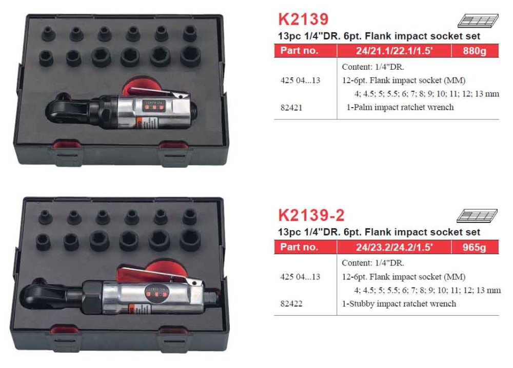 Force Taiwan 13pc 1/4" Dr. 6pt Flank Impact Socket with Air Ratchet Wrench Set