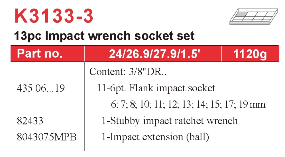 Force K3133-3 13pc 3/8" Dr. Impact Socket Set: 6-19mm Socket, Stubby Impact Ratchet Wrench, Extension