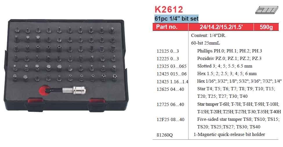 Force K2612 61pc 1/4" Dr. Driver Bits Set with 5PT, 6PT Star Torx Tamperproof Hex Ph, Pozi, Slot