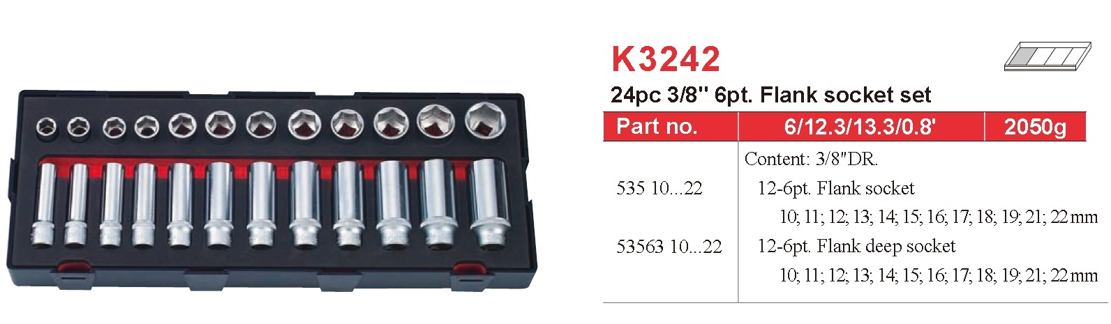 Force K3242 3/8" Dr. 6pt Flank Regular & Deep Socket 10-22mm 24pc Set