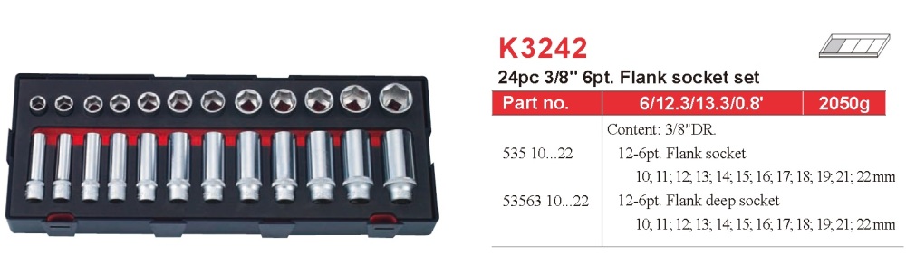 Force K3242 3/8" Dr. 6pt Flank Regular & Deep Socket 10-22mm 24pc Set