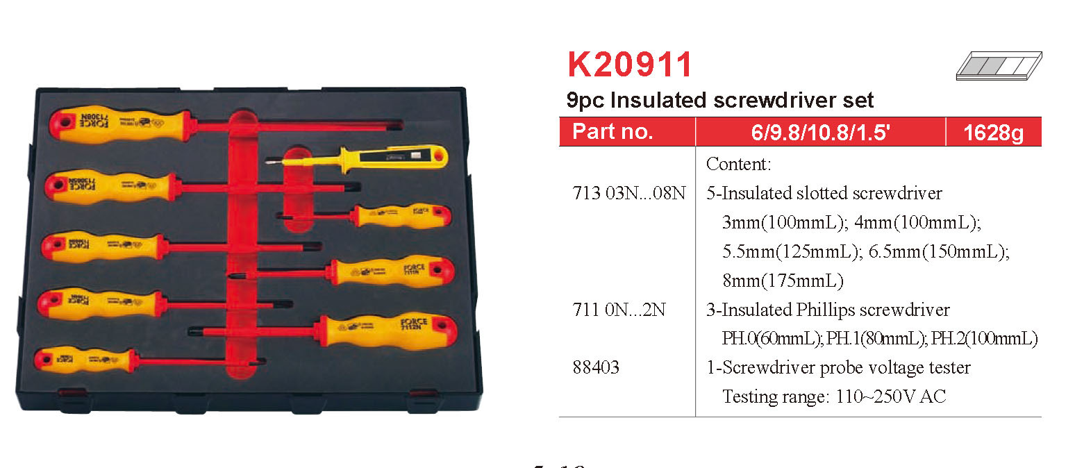 Force K20911 9pc Insulated Screwdriver Set: Phillip, Slot Screwdriver, Voltage Tester