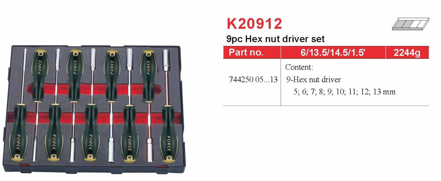 Force K20912 5-13mm 9pc Nut Driver Hex Socket Driver Screwdriver Set