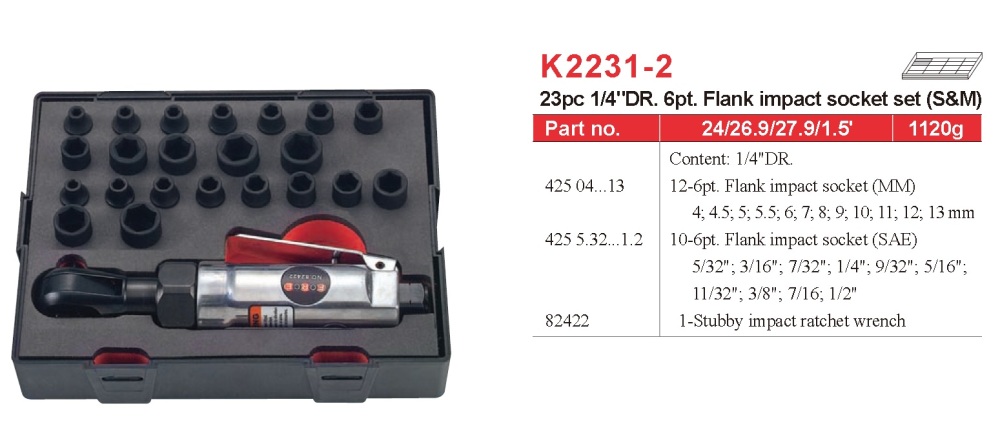Force K2231-2 23pc 1/4" Dr. 6pt Flank Metric & Imperial Impact Socket with Stuby Air Ratchet Wrench Set