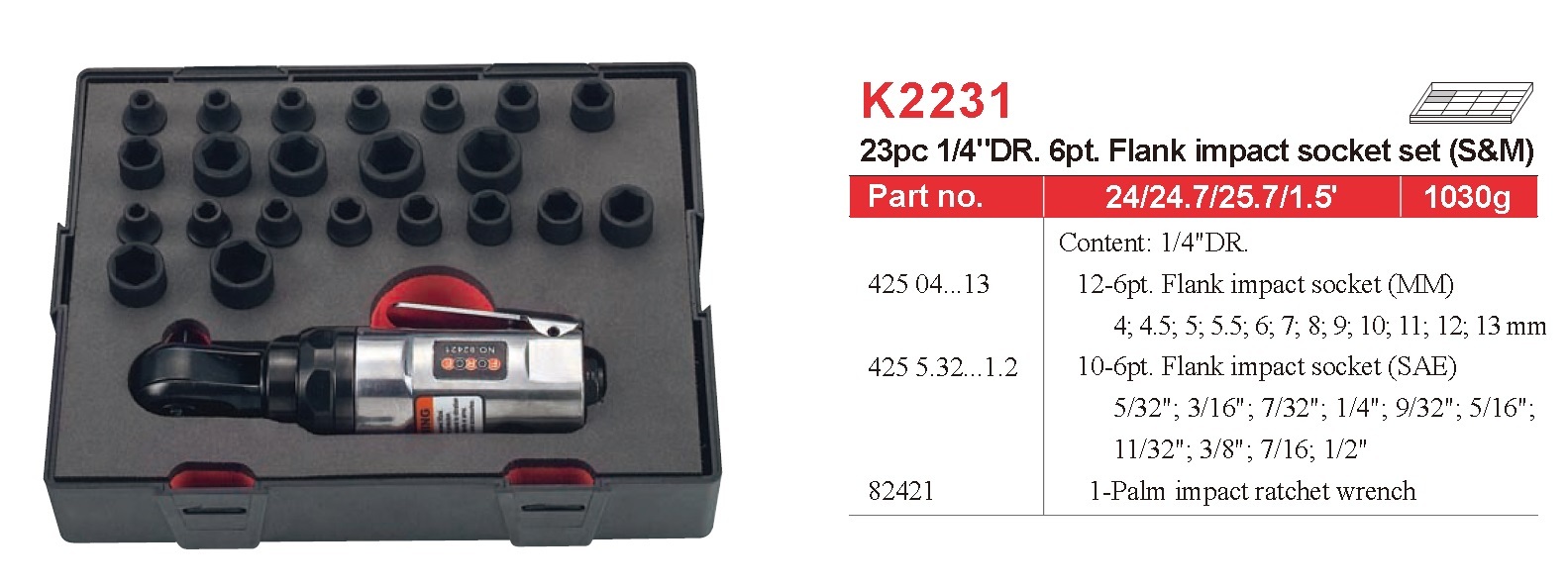 Force K2231 23pc 1/4" Dr. 6pt Flank Metric & Imperial Impact Socket with Palm Air Ratchet Wrench Set