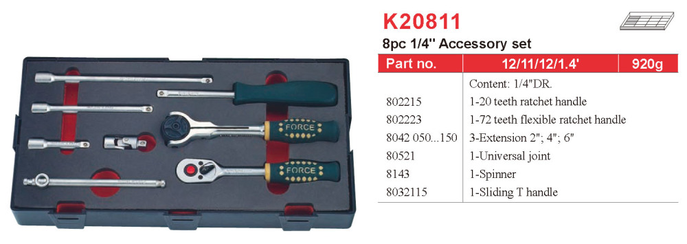Force K20811 8pc 1/4" Dr. Socket Accessory Set: Ratchet T Handle Extension etc.