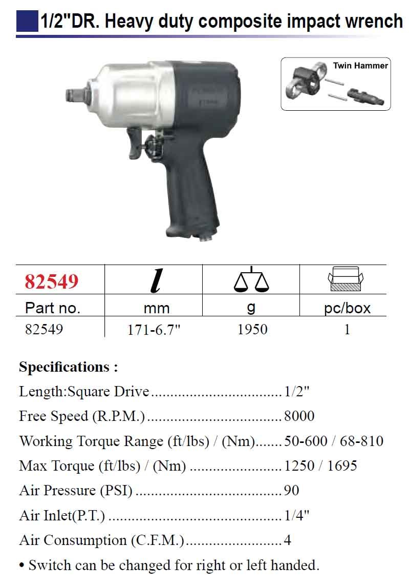Force 82549 Heavy Duty 1/2" Dr. Composite 810Nm Air Impact Wrench