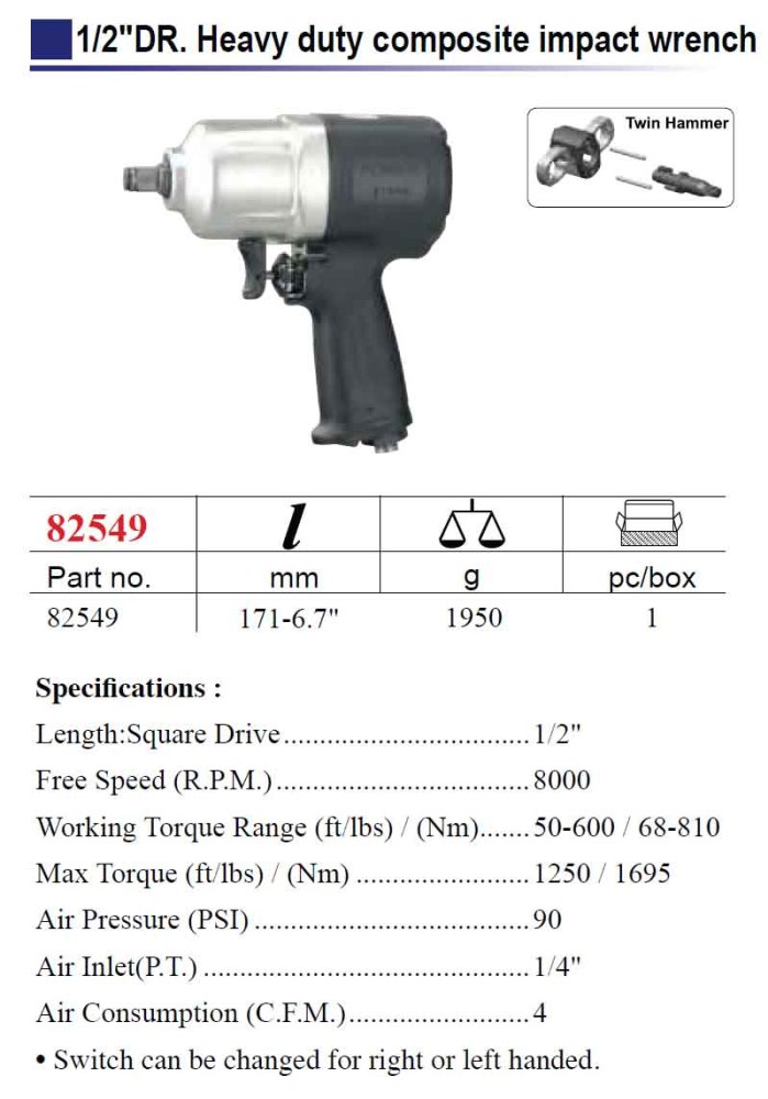 Force 82549 Heavy Duty 1/2" Dr. Composite 810Nm Air Impact Wrench