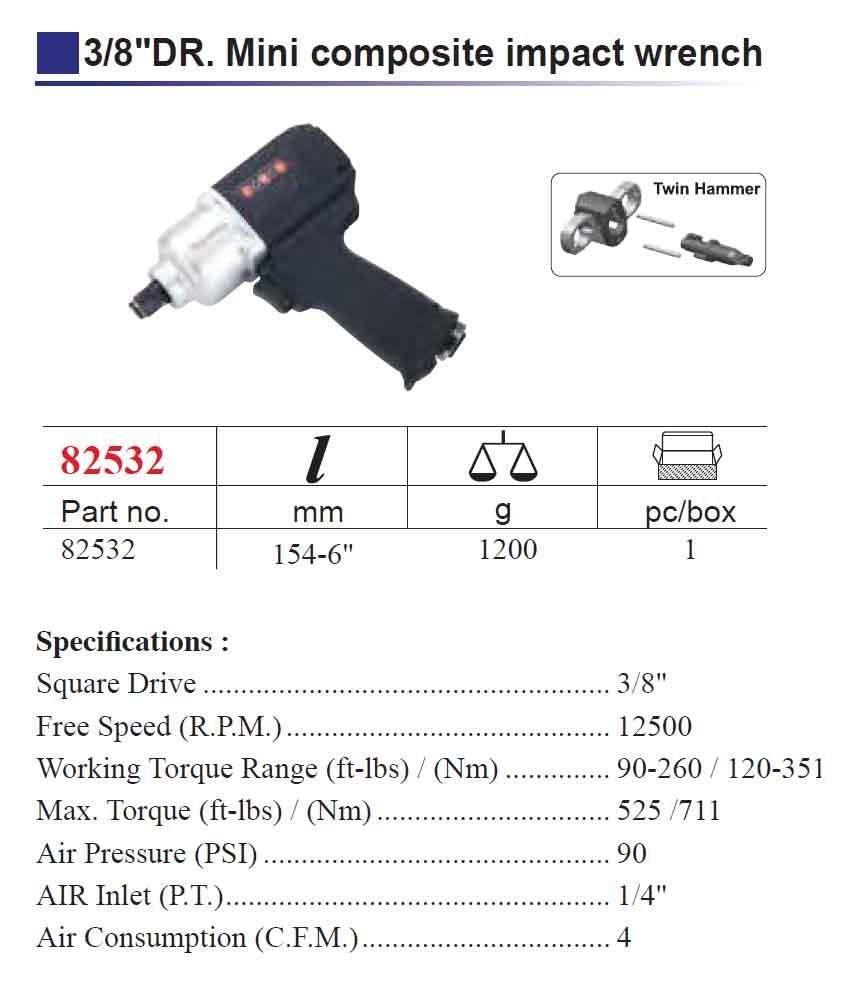 Force 82532 3/8″ Dr. 260lb.ft Mini Composite Air Impact Wrench 154mmL