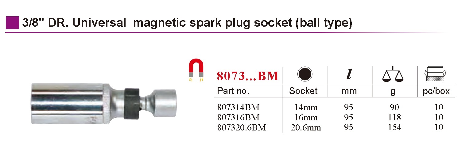 Force 8073..BM 3/8″ Dr. Magnetic Swivel Universal Spark Plug Socket 95mmL Ball Type