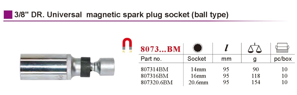 Force 8073..BM 3/8″ Dr. Magnetic Swivel Universal Spark Plug Socket 95mmL Ball Type