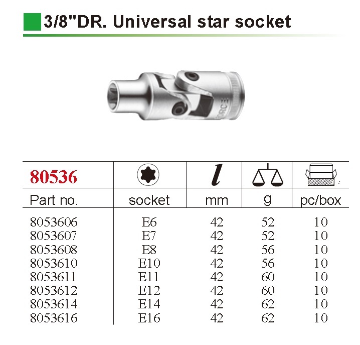 Force 80536 3/8" Drive 42mmL Universal Swivel Joint E-Star Torx Socket 42mmL