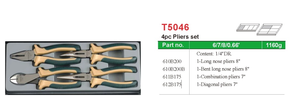 Force T5046 Combination Pliers 4pc Set: Lineman's,Long,Bent,Nose,Diagonal